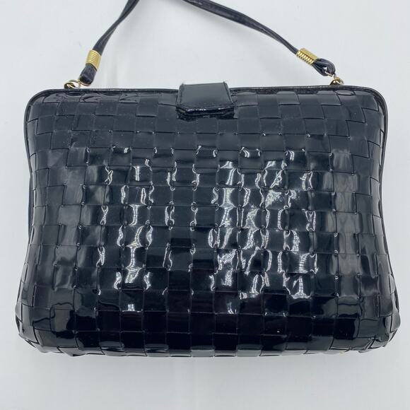 Pillbox Purse Basketweave Black Paten Leather Hard Case Optional Strap - Picture 2 of 7